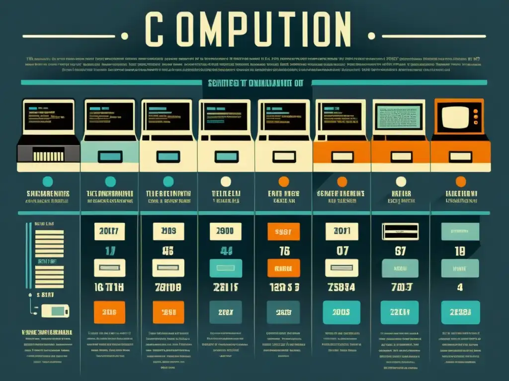 Infografía detallada de la evolución de las computadoras con ilustraciones precisas y atmósfera retro