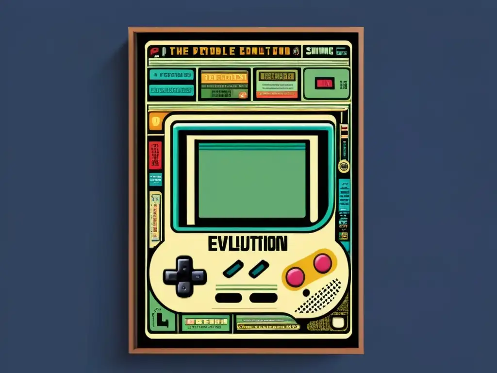 Detallada ilustración vintage de la evolución de las consolas portátiles, desde el Game Boy original hasta el moderno Nintendo Switch, con detalles intrincados y atmósfera nostálgica