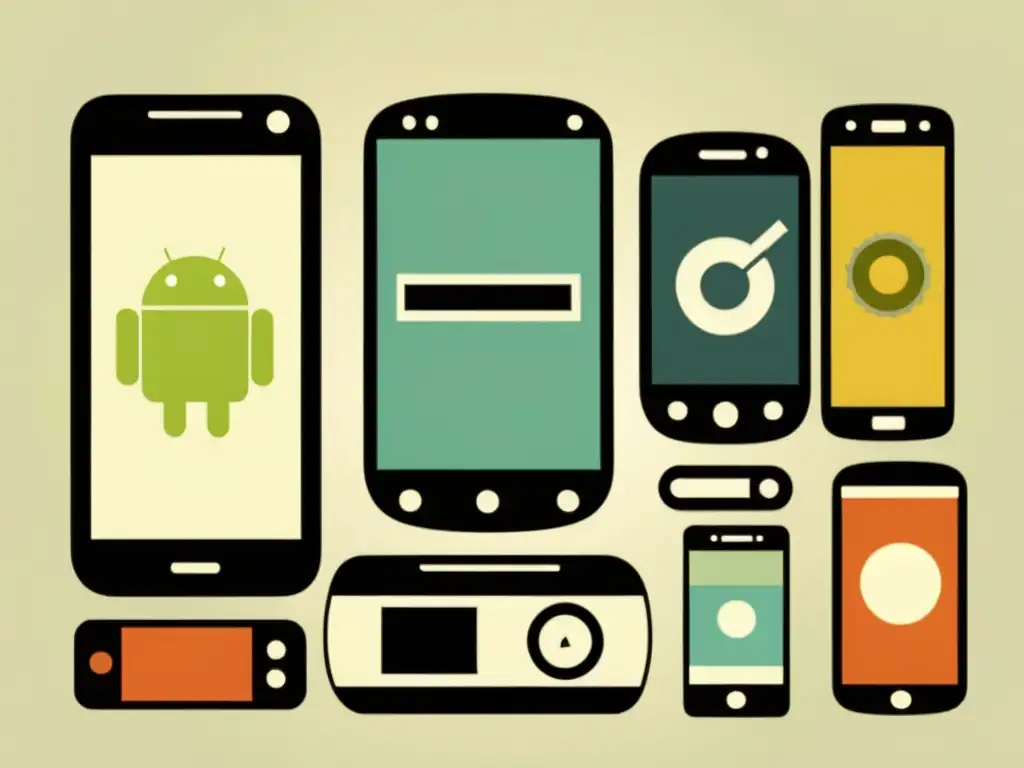 Detallada ilustración vintage de la evolución de dispositivos Android a lo largo de los años, mostrando el progreso en diseño y tecnología