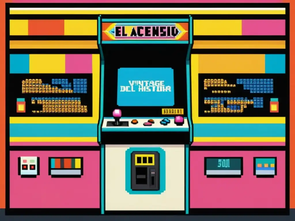 Una detallada imagen en 8k de un gabinete de arcade vintage rodeado de coloridos personajes y escenas de arte pixelado