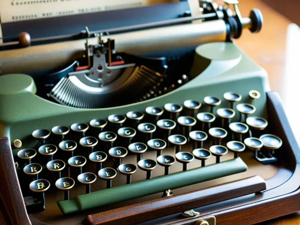 Detallada imagen vintage de una máquina de escribir braille, mostrando su mecánica e iluminada por luz natural