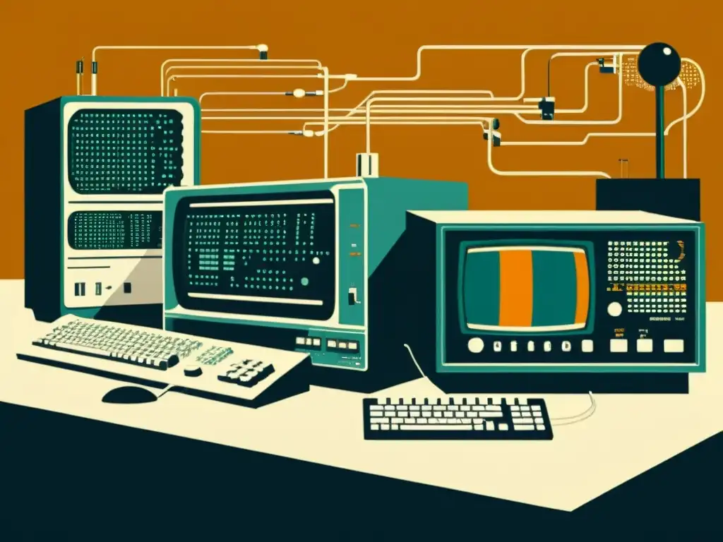 Detallada ilustración vintage de la red ARPANET, con nodos interconectados y terminales de computadora, en tonos cálidos y líneas intricadas que capturan la nostalgia tecnológica