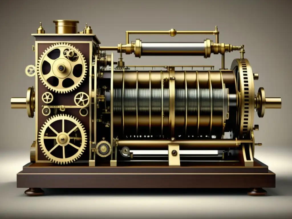 Ilustración detallada y vintage de la Máquina Analítica de Charles Babbage, reflejando su complejidad e innovación