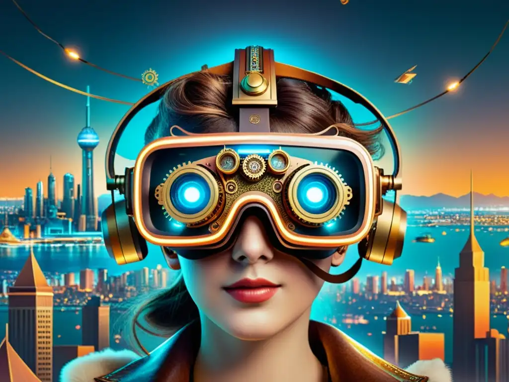 Un detallado diseño steampunk de un futuro auricular de realidad virtual con una ciudad futurista de fondo