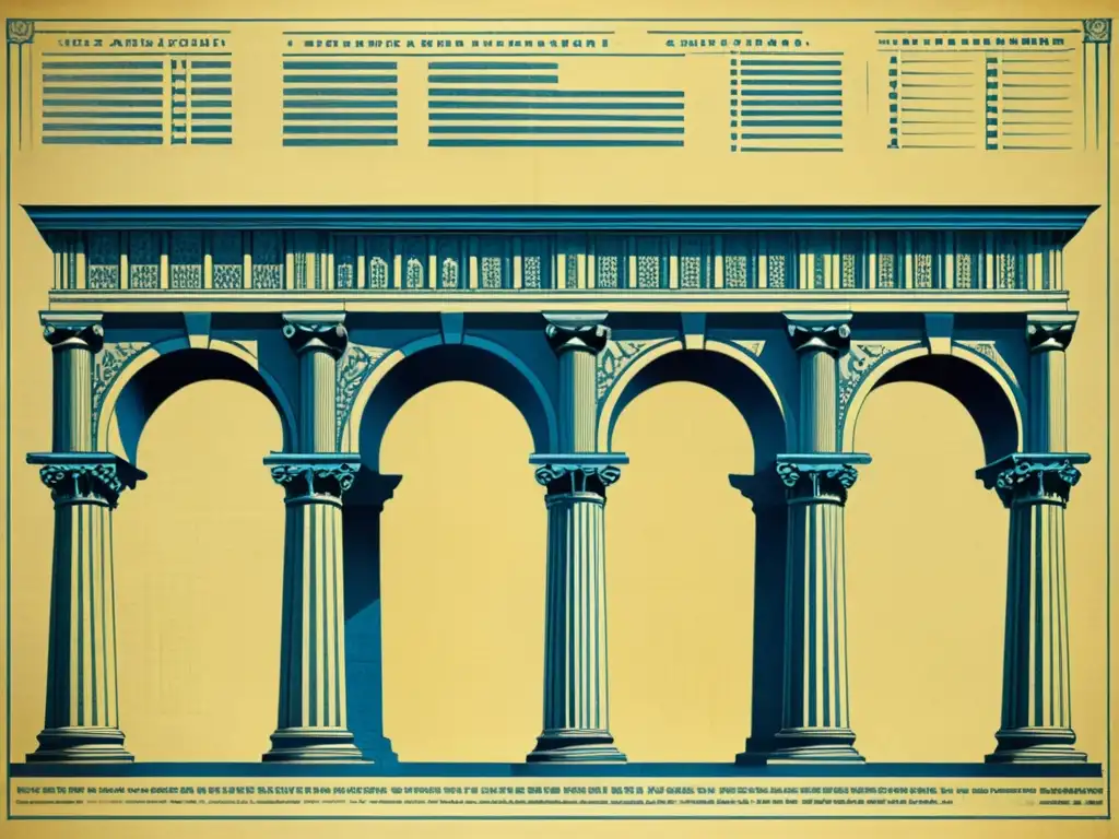 Un detallado plano vintage de una estructura arquitectónica antigua, con columnas, arcos y decoraciones elaboradas