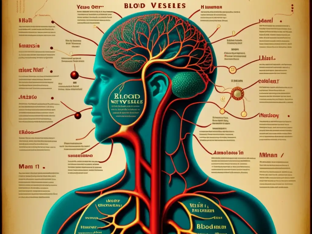 Detalle de ilustración médica antigua de la red de vasos sanguíneos, resaltando avances en inteligencia artificial en medicina