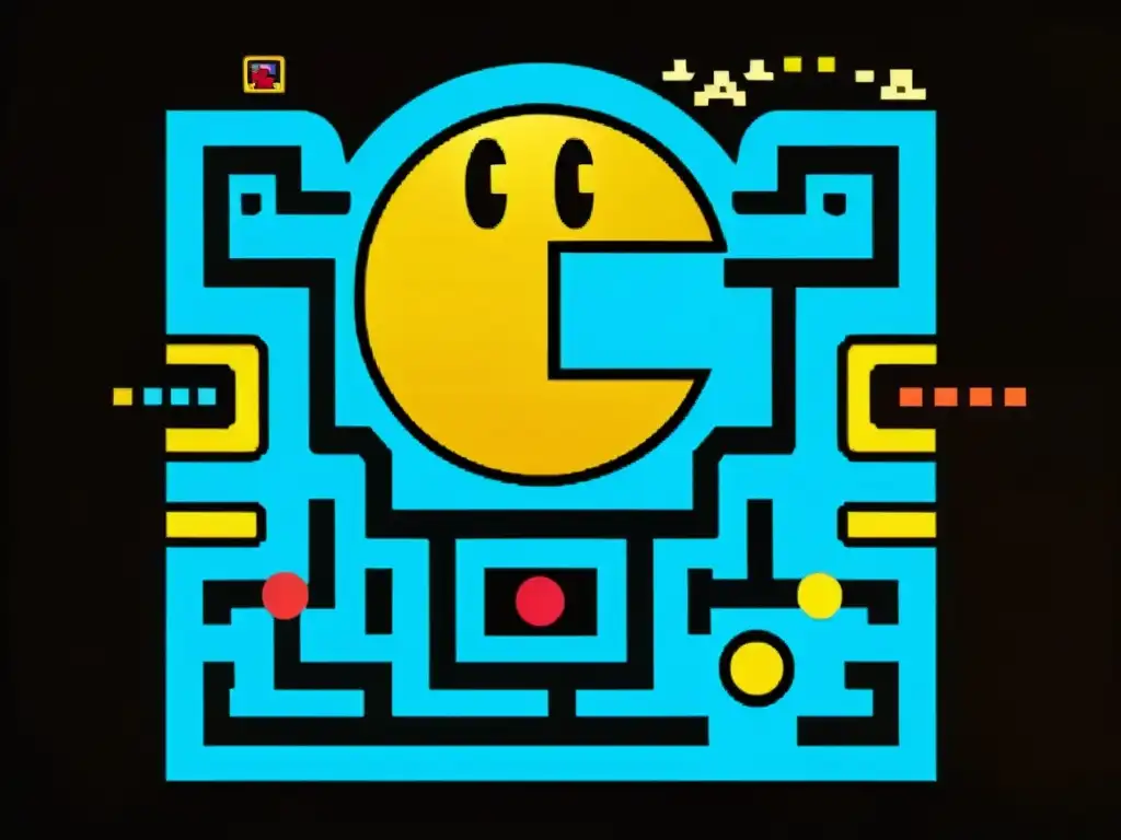 Detalle de ilustración vintage del icónico juego PacMan, con gráficos vibrantes y gabinete arcade nostálgico