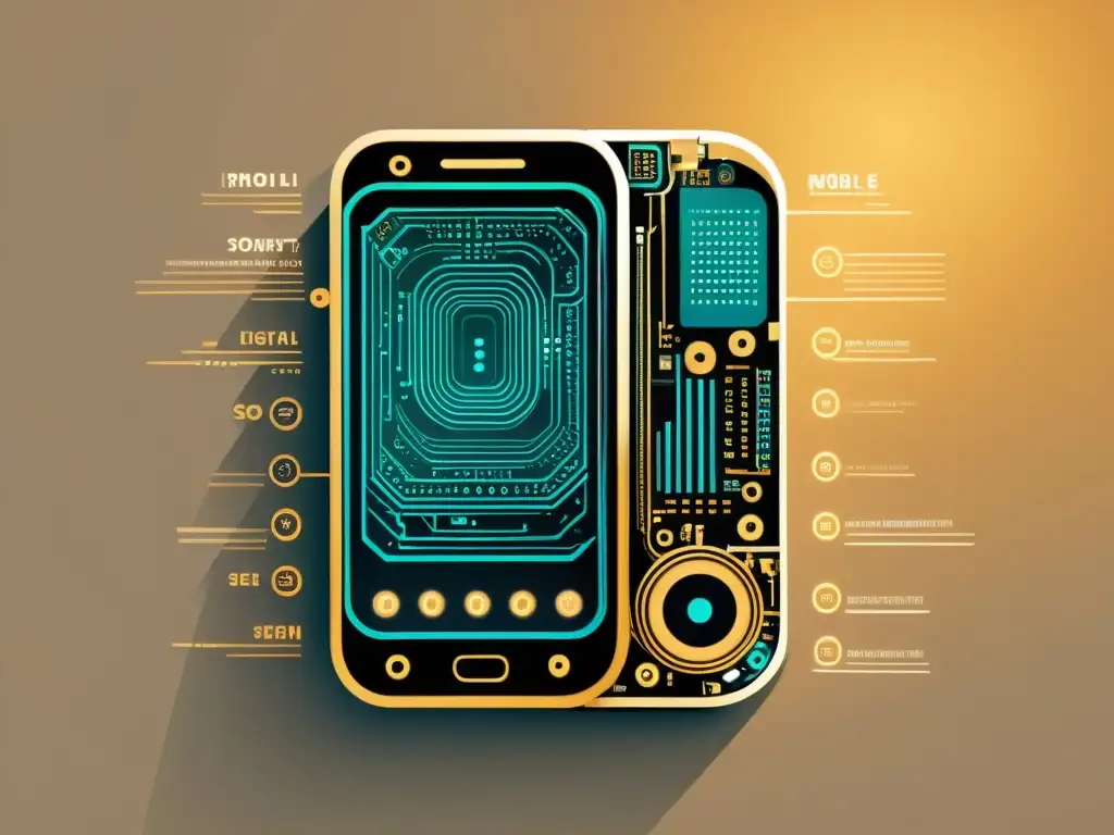 Transformación tecnológica: evolución del móvil Detalle ilustrado de la evolución de la computación en cálido sepia, representando revoluciones digitales