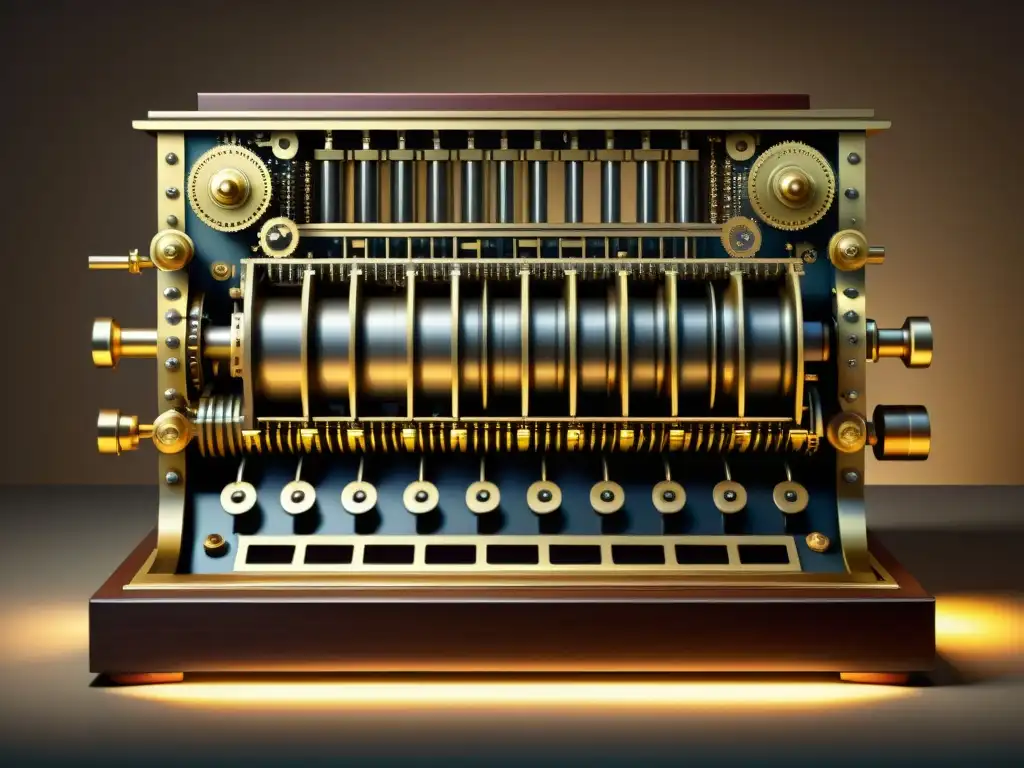 Detalle de la Máquina Diferencial de Charles Babbage, con autómatas precursores de la computación, iluminada por lámparas de gas