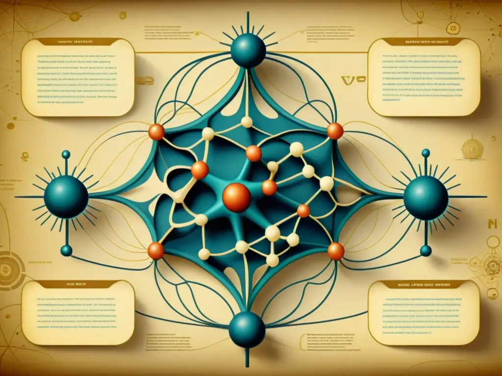 Detalle de ilustración vintage del primer modelo conceptual de red neuronal, con nodos interconectados en pergamino envejecido