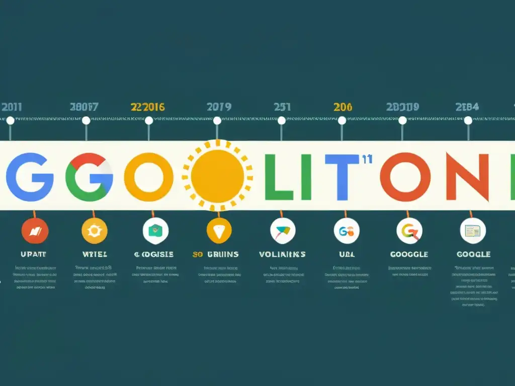 Detalle vintage de la evolución de backlinks en la historia SEO, con ilustraciones únicas para cada actualización de Google