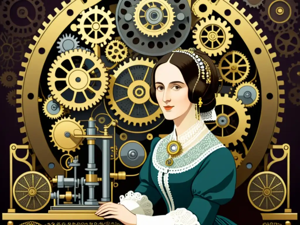 Detalle vintage de Ada Lovelace trabajando en la máquina analítica, rodeada de intrincadas piezas y maquinaria