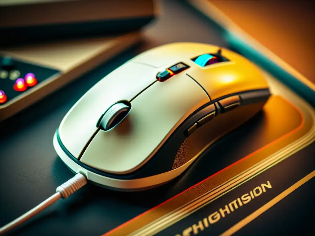 Detalles de un mouse para gaming de alta precisión en un ambiente nostálgico con accesorios vintage de juegos