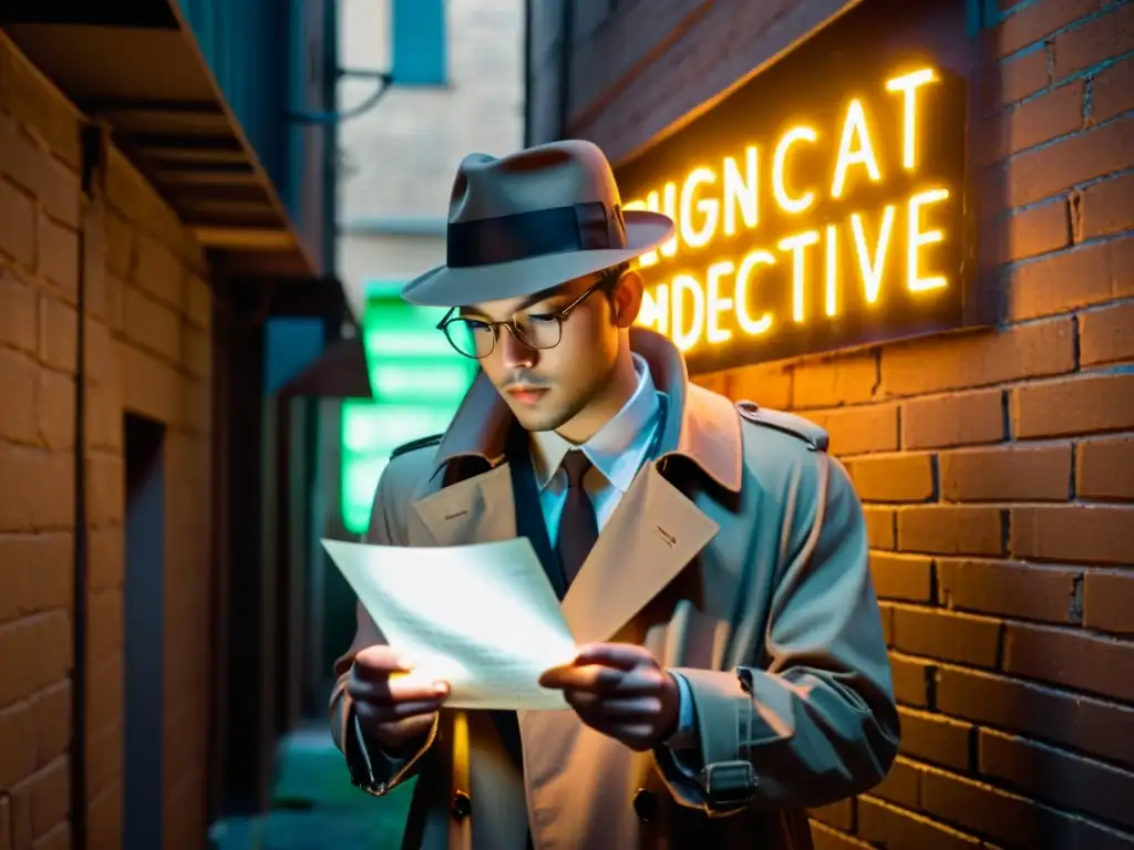 Un detective vintage en un callejón oscuro, con un sombrero y gabardina, examina un código en papel con una lupa, bajo un letrero de neón