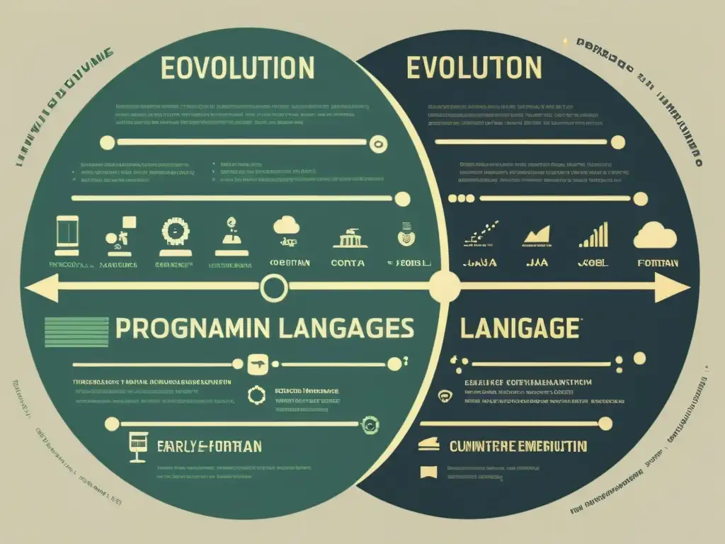 Diagrama vintage de la evolución de lenguajes de programación y su impacto en tecnología y sociedad, con detalles históricos y estética científica