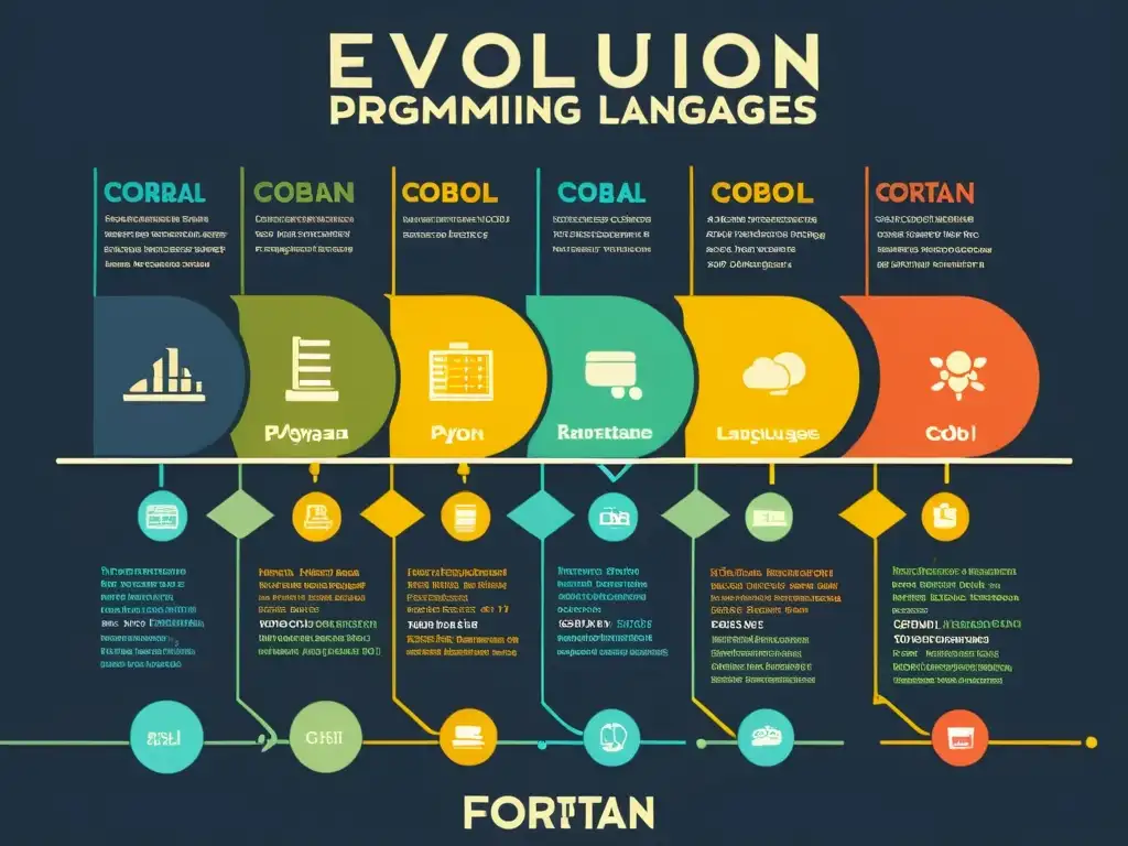 Diagrama vintage de la evolución de lenguajes de programación, evocando nostalgia y significado histórico