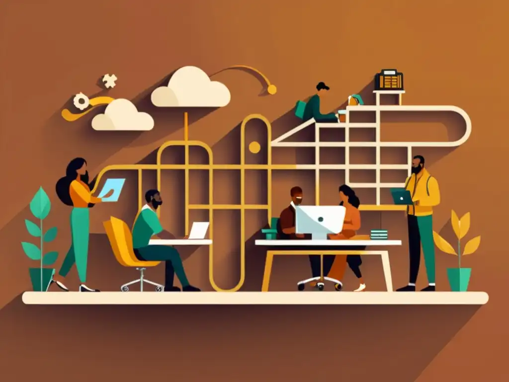 Inclusión digital y posicionamiento SEO: Ilustración vintage de diversidad y colaboración en la construcción de un puente digital, destacando la importancia de la inclusividad y la colaboración en la accesibilidad digital