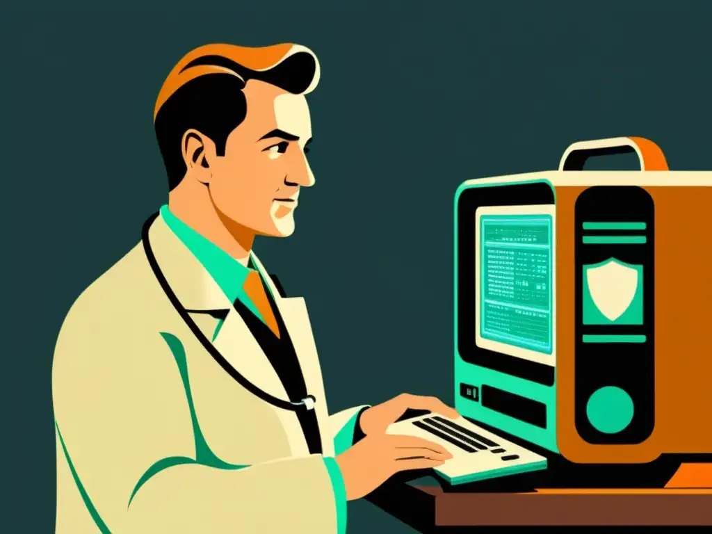 Un doctor utiliza una computadora retro con un candado de ciberseguridad en la pantalla, simbolizando la intersección de la salud y la seguridad digital