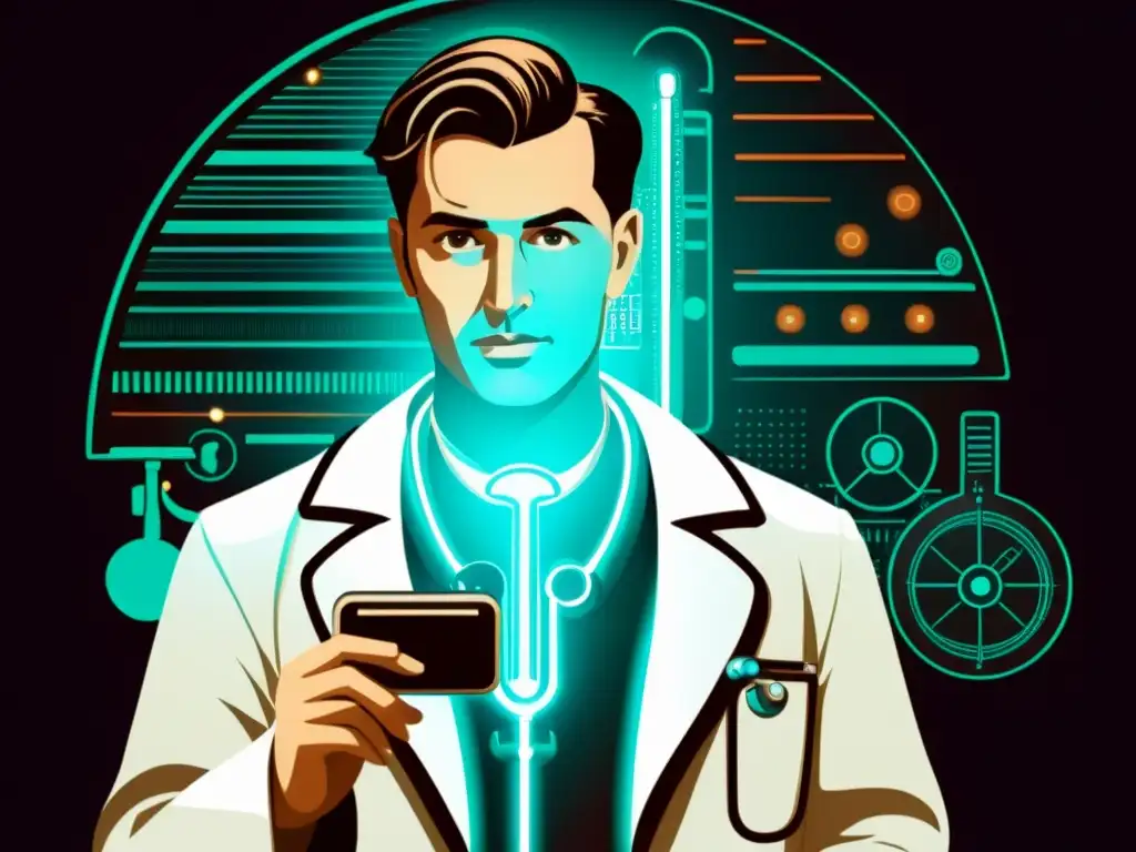 Un doctor usa un dispositivo de telemedicina retrofuturista, fusionando tecnología y herramientas médicas antiguas