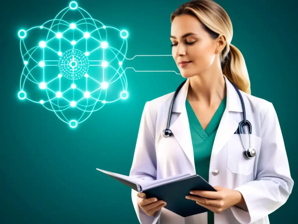 Un doctor examina detenidamente registros médicos, con una red blockchain en la imagen, simbolizando la innovación en privacidad datos médicos