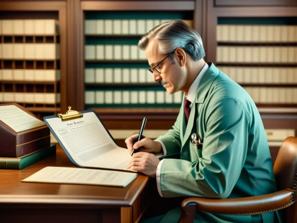 Un doctor detalladamente vestido escribe en un libro médico en su consultorio vintage