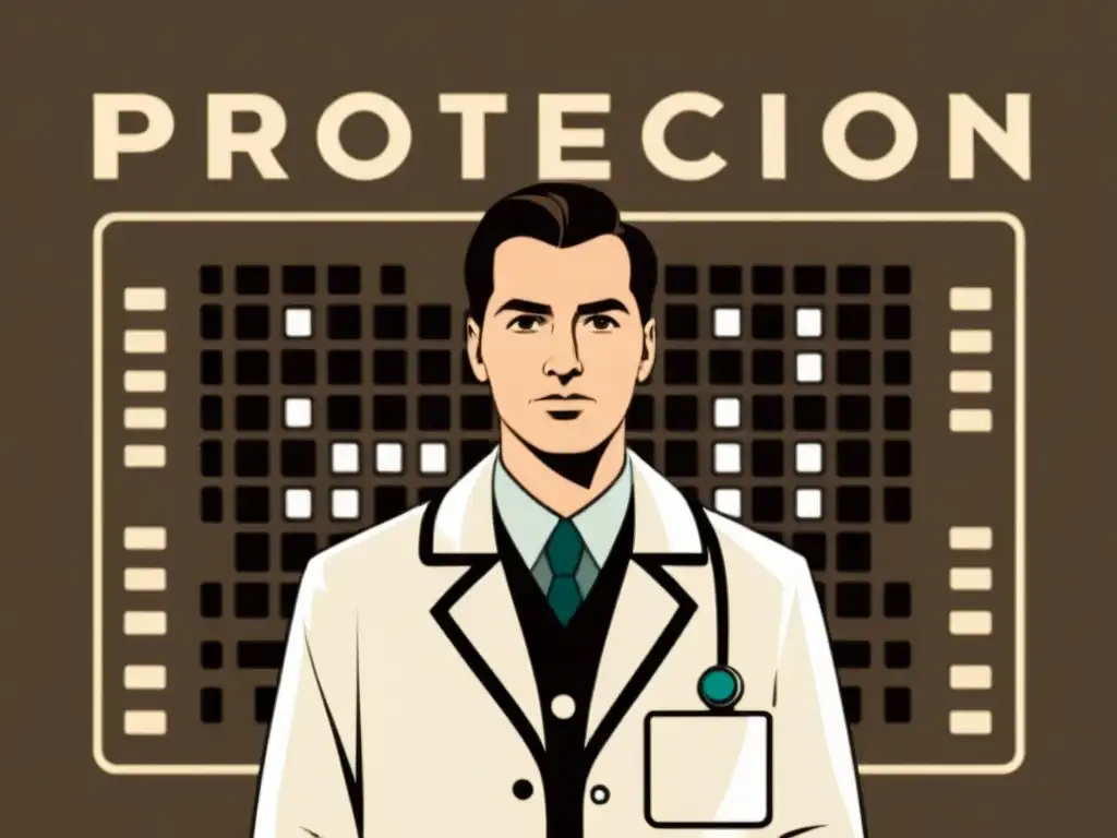 Un doctor vintage con bata de laboratorio frente a una computadora, con código binario y símbolos de candado