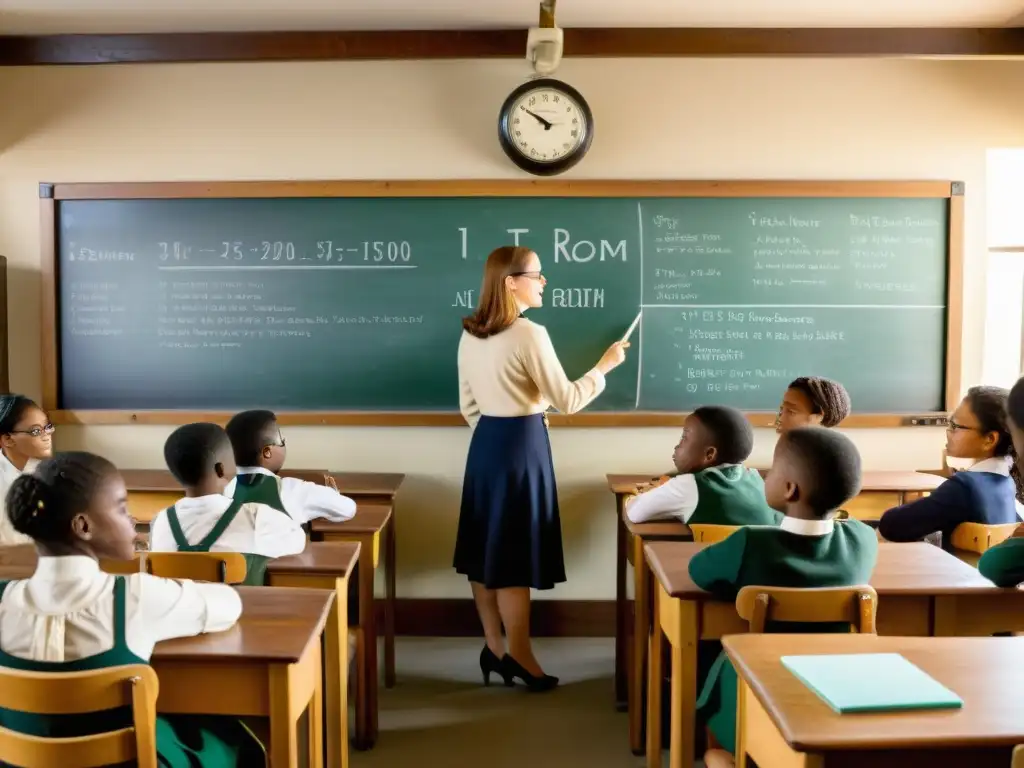 Transformación educativa con tecnología IoT: Profesor enseñando a alumnos en aula vintage con luz natural y dispositivos retro