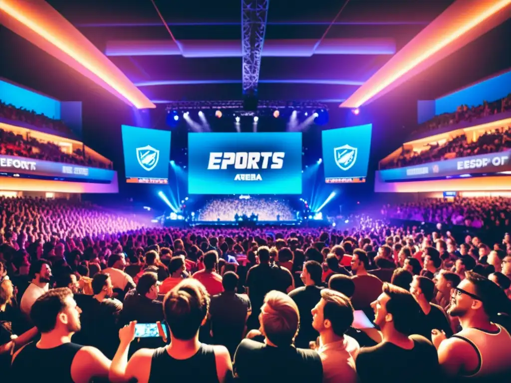 Una emocionante competencia de esports en una arena vintage con luces de neón