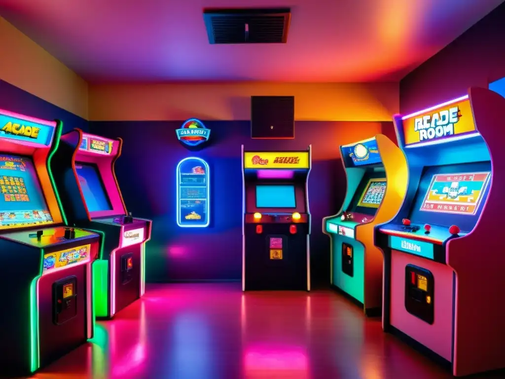 Emocionante sala de juegos vintage con máquinas arcade clásicas, luces de neón y jugadores disfrutando de los juegos