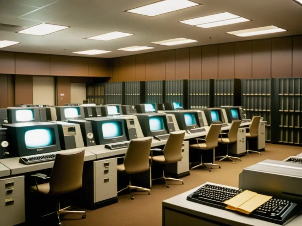 Empleados en una sala de computadoras vintage, rodeados de tecnología antigua