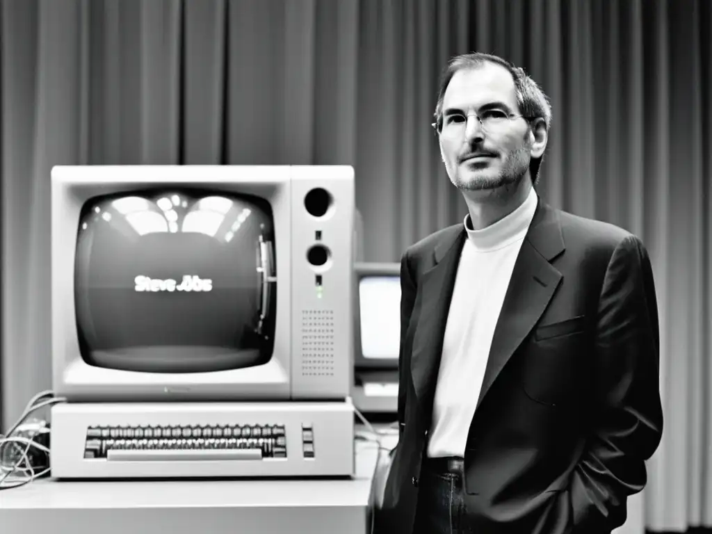 Steve Jobs enérgico junto al primer Apple, simbolizando la evolución de la computación personal