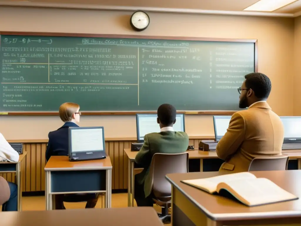 Entorno nostálgico de aula vintage con estudiantes programando, libros de código y profesor guiando la clase, evocando la evolución de los Bootcamps de Desarrollo Web