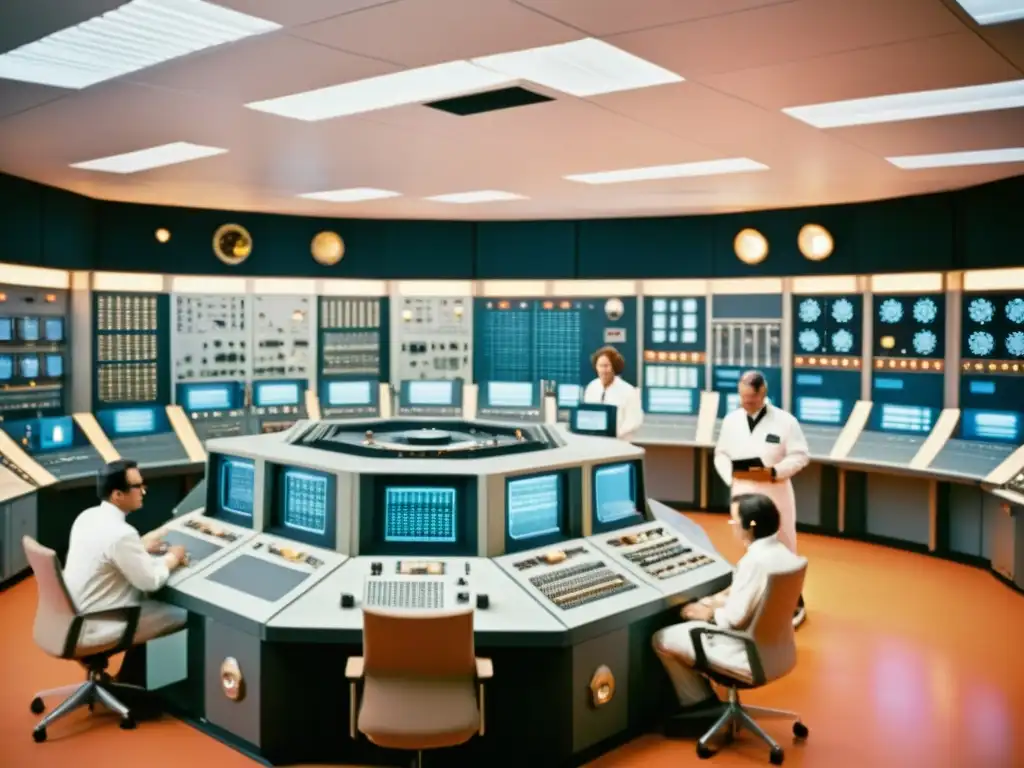 Equipo de científicos y ingenieros en sala de control espacial con computadora principal vintage