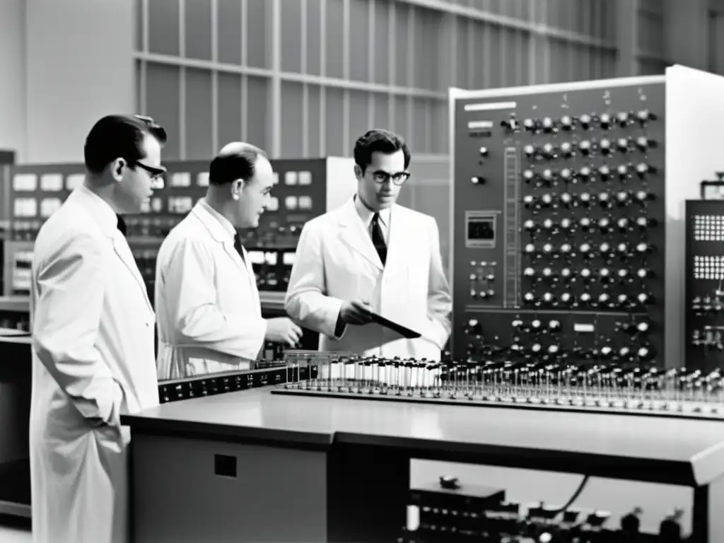 Equipo de científicos en laboratorio con computadora vintage, reflejando avances en la historia de la computación