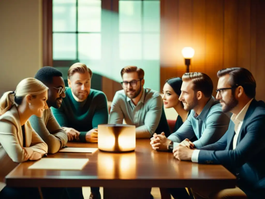 Equipo de desarrolladores y marketers colaborando en una atmósfera cálida y vintage, reflejando la importancia del trabajo en equipo en tecnología y social media