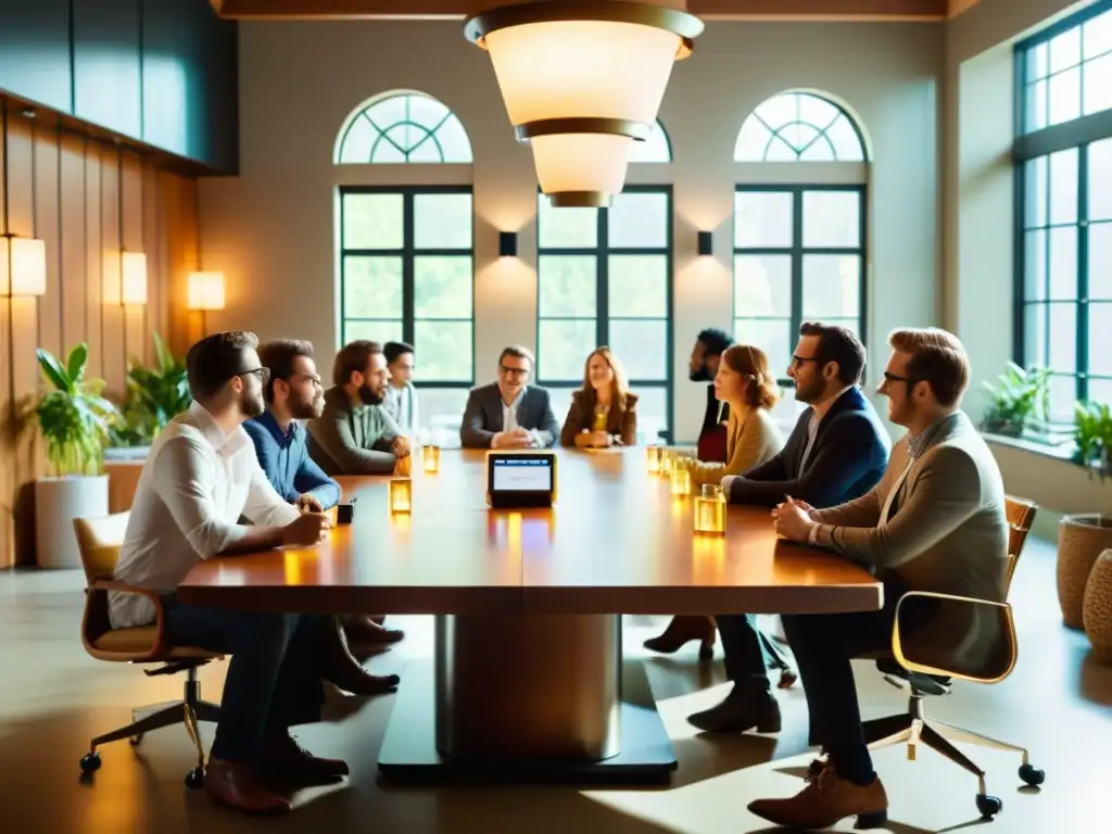 Equipo de desarrolladores y marketers colaborando en una reunión con tecnología retro y herramientas de social media