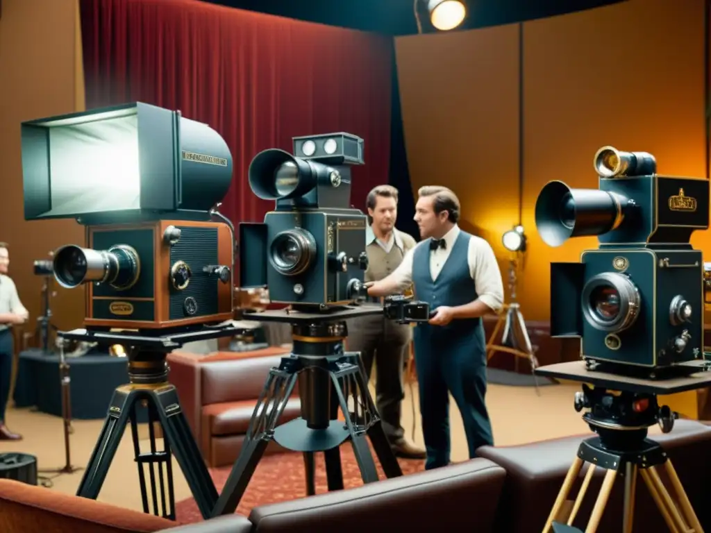 Equipo de técnicos trabajando en efectos prácticos en un set de película vintage, rodeado de cámaras antiguas y equipo de iluminación