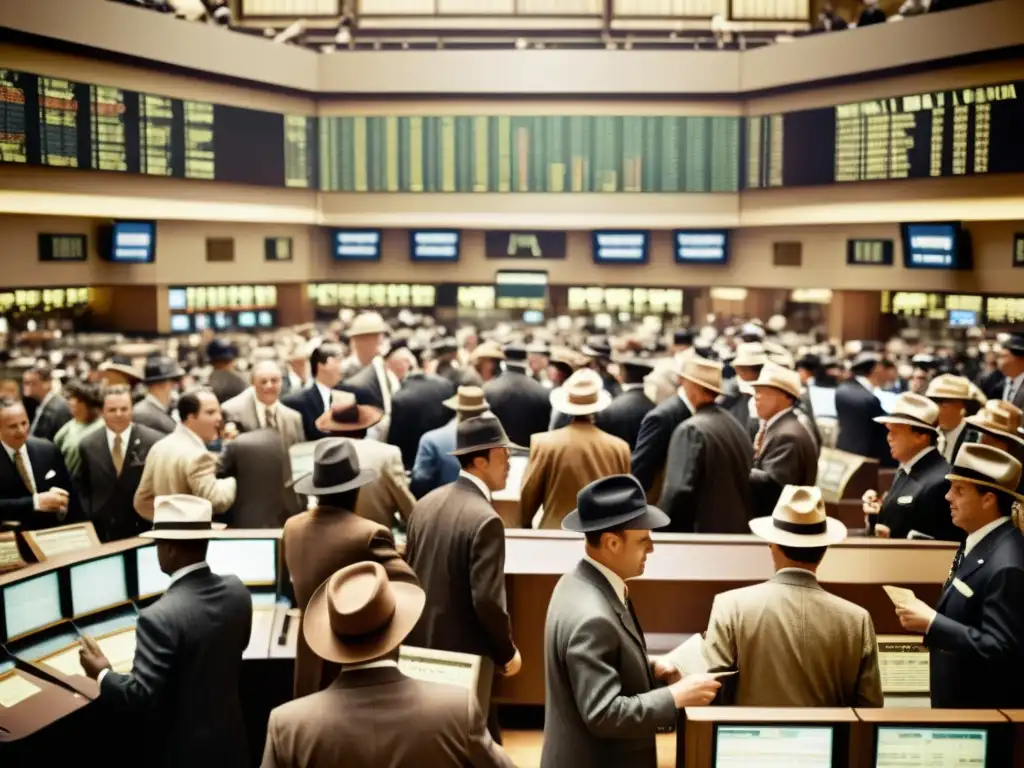 Escena de bolsa de valores vintage con traders en trajes clásicos y sombreros fedora, capturando la emoción y tensión del mercado financiero antiguo