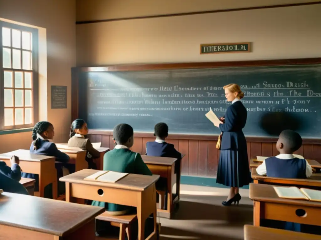 Escena clásica de aula con estudiantes atentos, maestro dando clase frente a pizarra