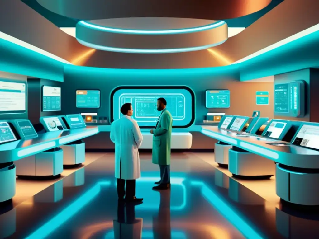 Escena futurista de un centro médico con computación inteligente en medicina, robótica y tecnología digital avanzada, en tonos cálidos y nostálgicos