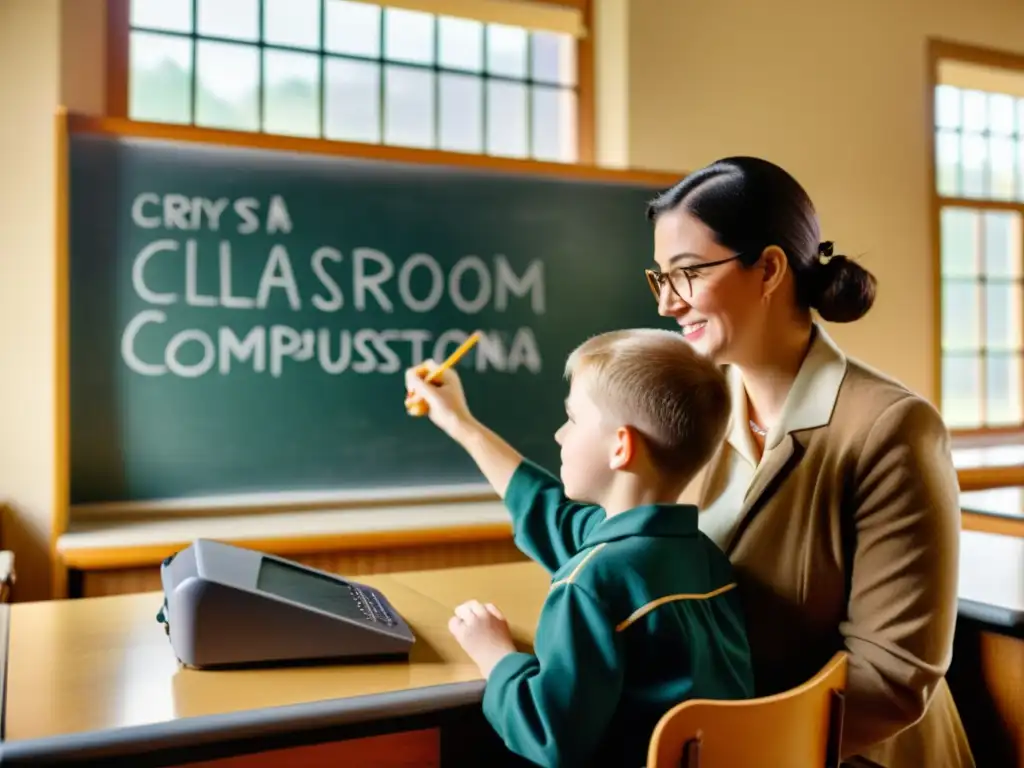 Una escena nostálgica en un aula vintage donde un profesor de Educación Especial utiliza una computadora para asistir a un estudiante