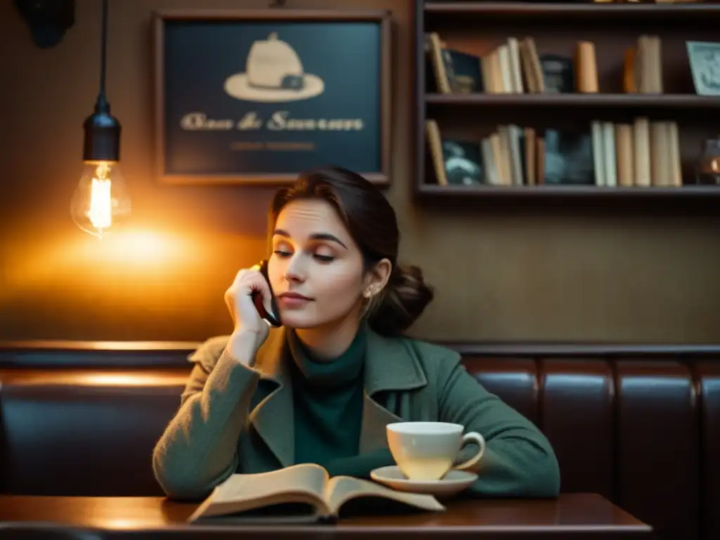 Una escena nostálgica en un café, con libros y fotografías antiguas