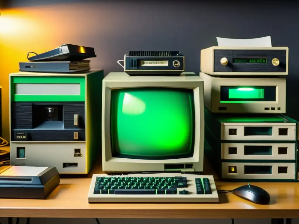 Escena nostálgica de una computadora vintage con pantalla verde parpadeante, rodeada de disquetes y códigos impresos