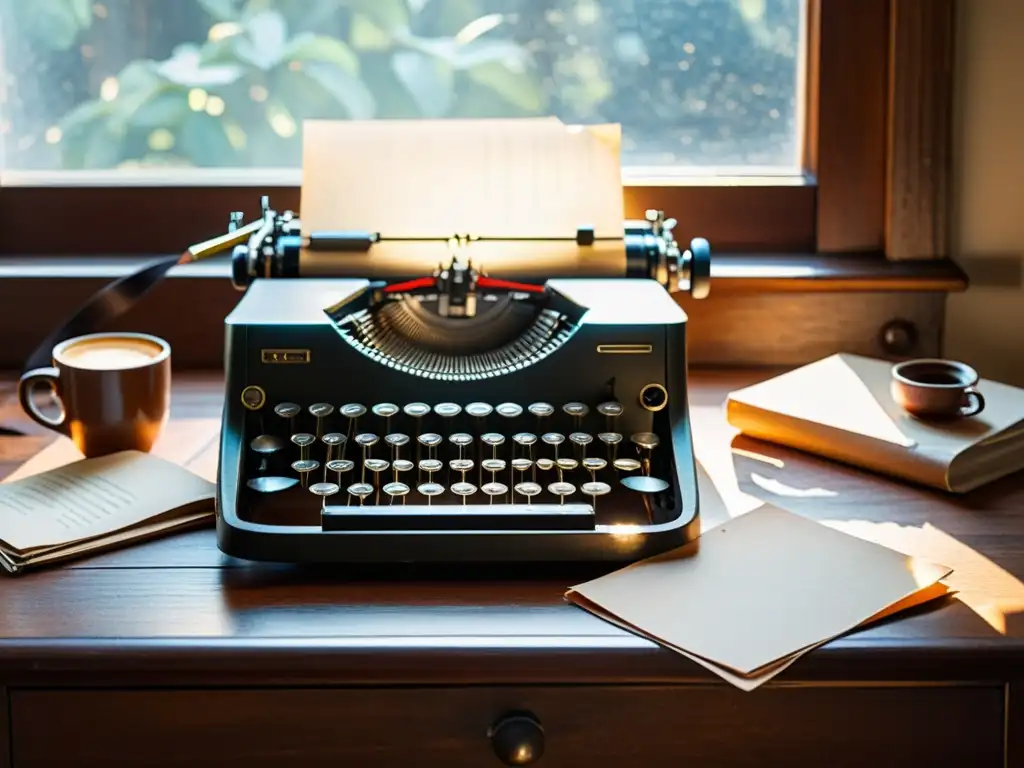 Una escena nostálgica de creatividad con una máquina de escribir vintage rodeada de papel arrugado, café y suministros de escritura