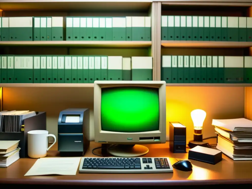 Escena nostálgica de un escritorio desordenado con una vieja computadora, disquetes y papeles, iluminado por una lámpara