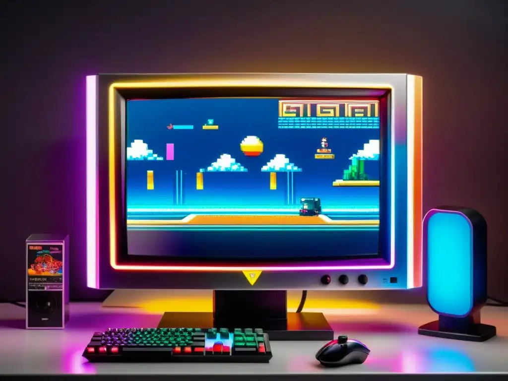 Monitor de juegos 8K retro-futurista Una escena nostálgica de gaming con tecnología 8K, rodeada de elementos vintage y una pantalla cristalina que muestra gráficos vibrantes