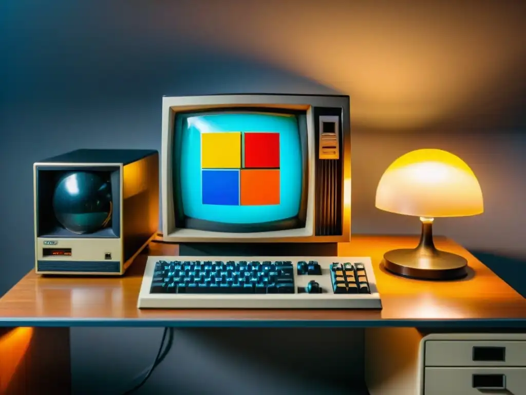 Escena nostálgica de conservación hardware informático 8090, con computadora vintage, monitor CRT, memorabilia 80s y luz cálida