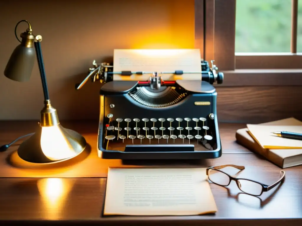 Una escena nostálgica con una máquina de escribir vintage, papeles envejecidos y lentes, iluminada por una suave luz de lámpara