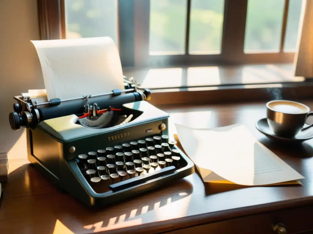 Escena nostálgica con una máquina de escribir vintage, una taza de café humeante y elementos de escritura antiguos