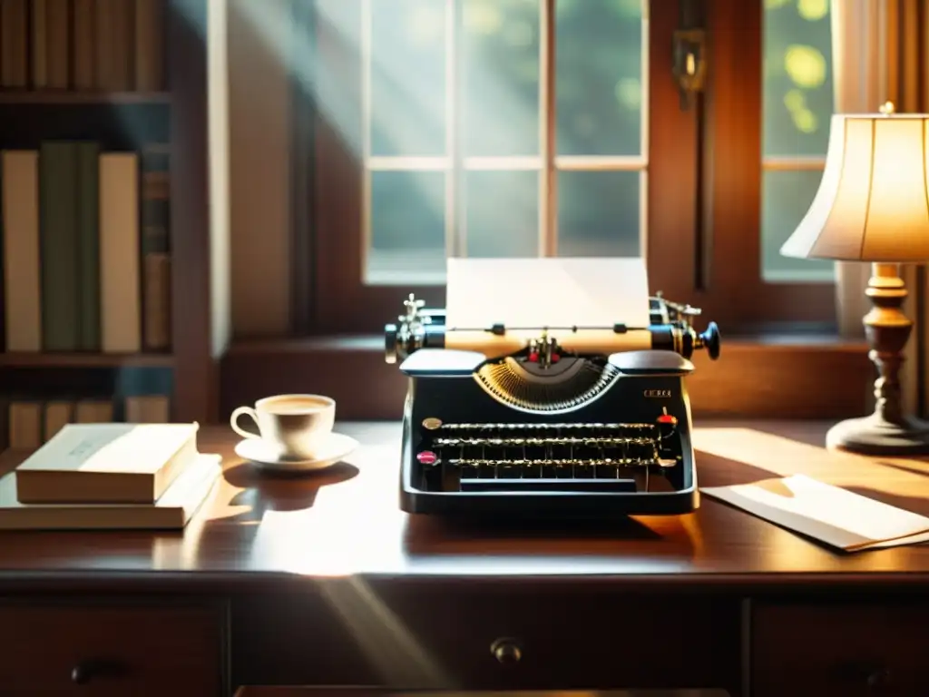 Una escena nostálgica con una máquina de escribir vintage y una taza de café humeante, rodeada de libros antiguos, bañada por la cálida luz del sol